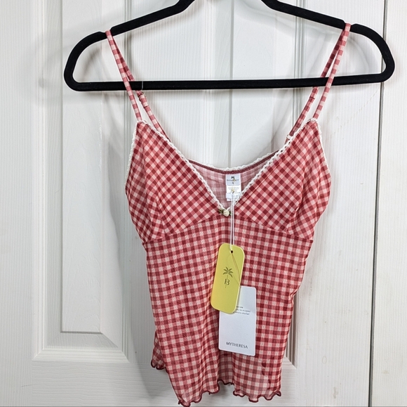 NEW BananHot Solay Skirt Top Set Small Medium Red Gingham Sheer Beach Resort - Picture 4 of 14